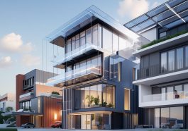 Modern building with transparent solar panel glass