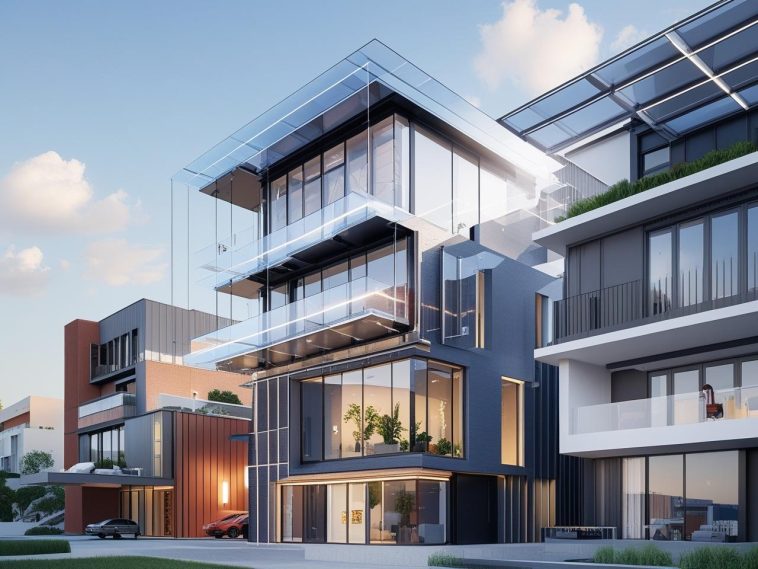 Modern building with transparent solar panel glass