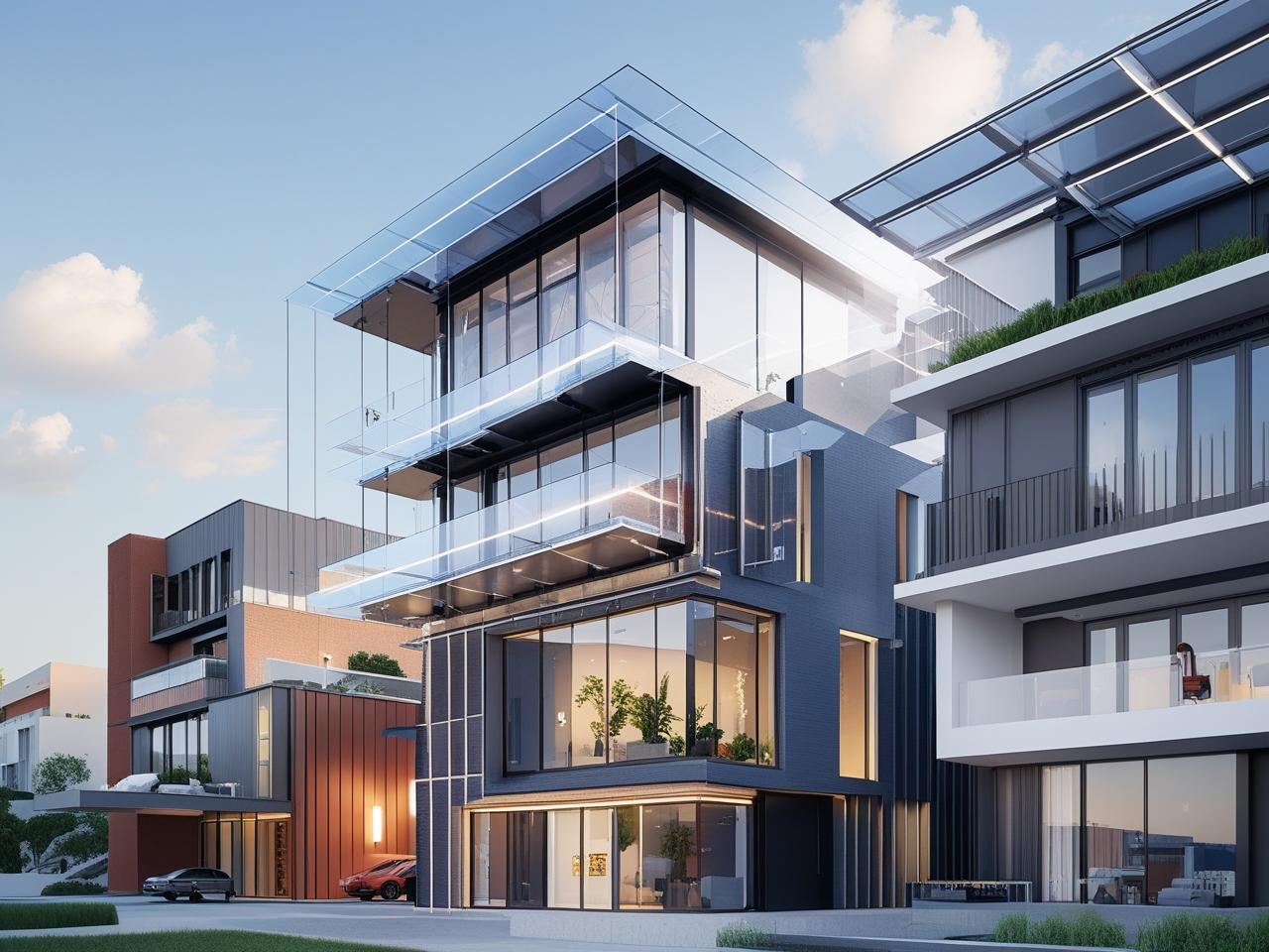 Modern building with transparent solar panel glass